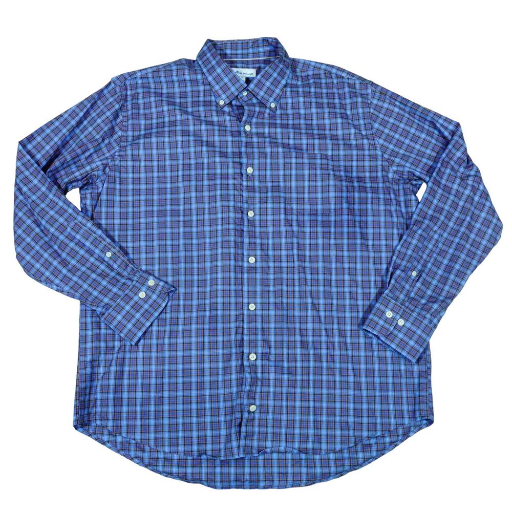 Peter Millar Blue Plaid Check Button Up Long Sleeve Business Casual Shirt XL